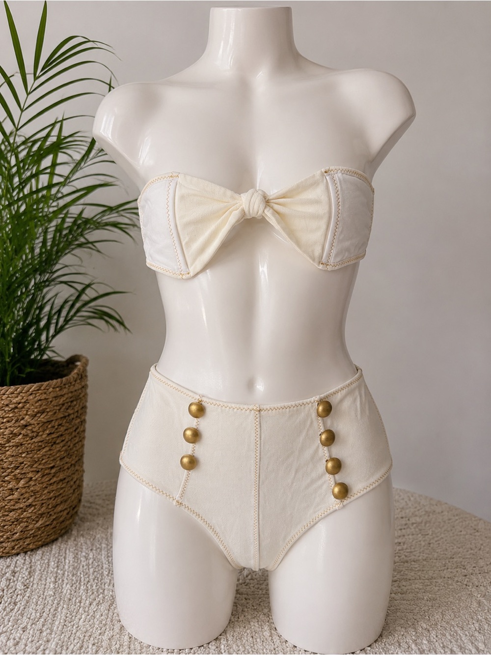 Lisa Marie Fernandez Cream Bikini Set Women’s Size XS/S Gold Button High Waist